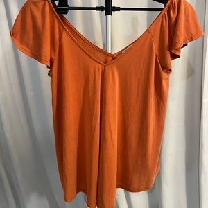 Green Envelope Orange Flutter Sleeve Asymmetrical Blouse